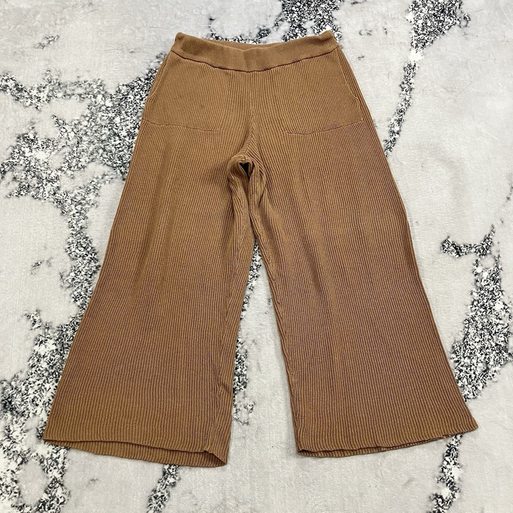 FP Beach Rib Knit Wide Leg Crop Pants Camel Brown Pull On Womens Sizeβ Large